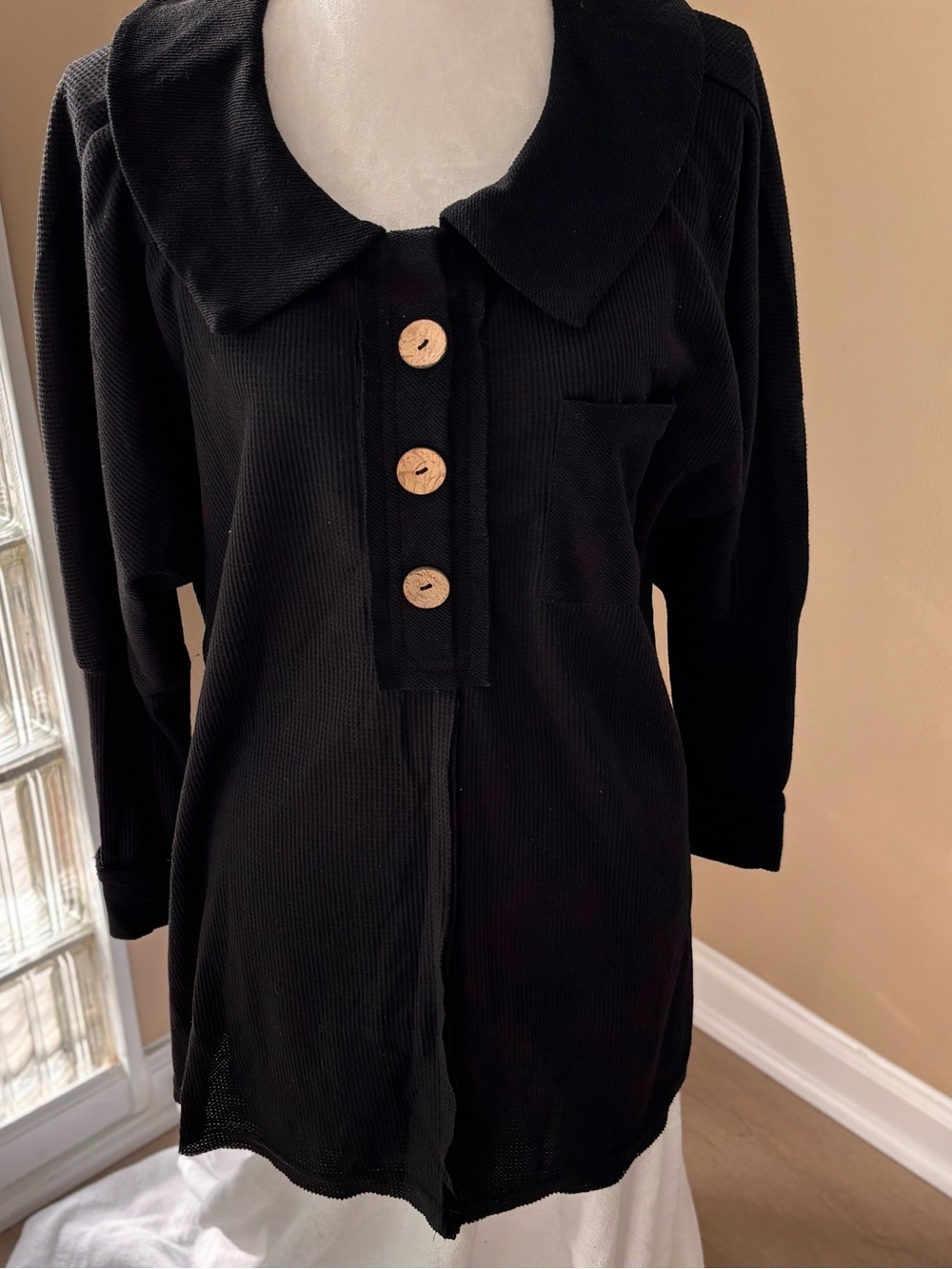 Waffle pattern Black Women's Button-Front top/dress oversized Peter Pan Collar